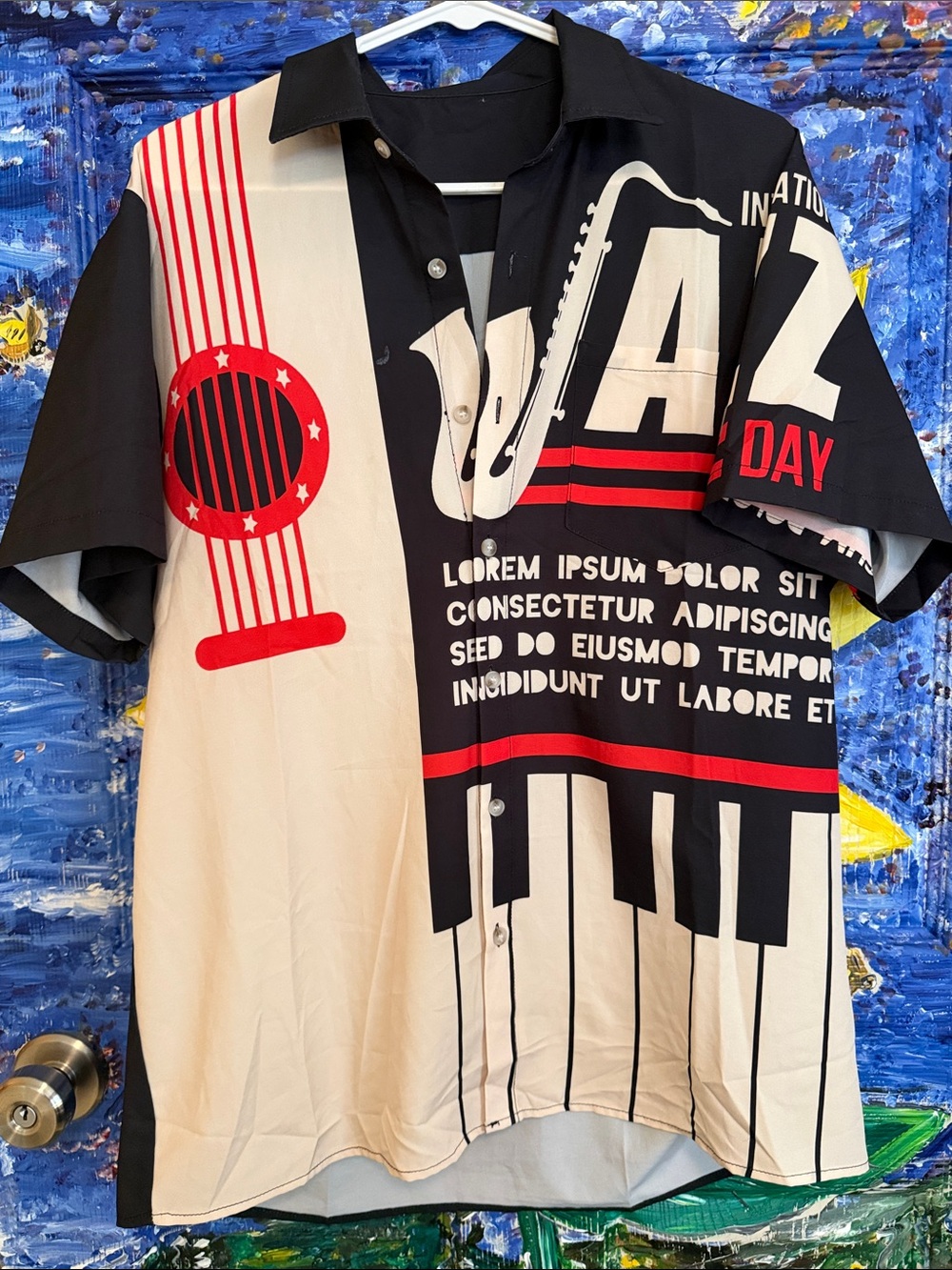 Unique Vintage Men’s Jazz Graphic Button-Up Shirt size Medium